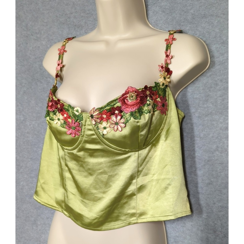 Y2K Princess Polly Corset Top 12 Green Satin Floral Appliques Coquette Romantic